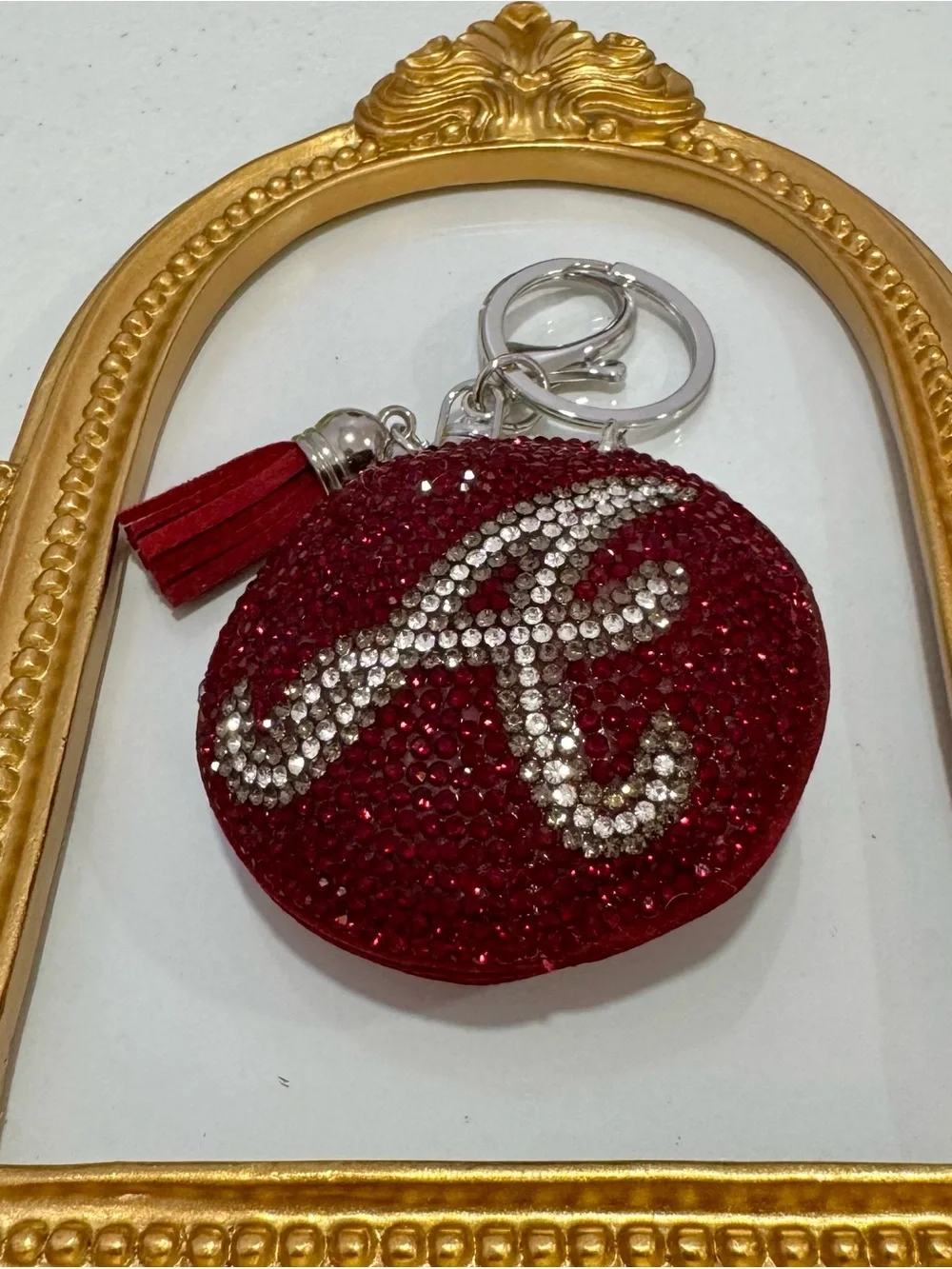 New Maroon Crystal Initial 'A' Keychain Charm with Tassel